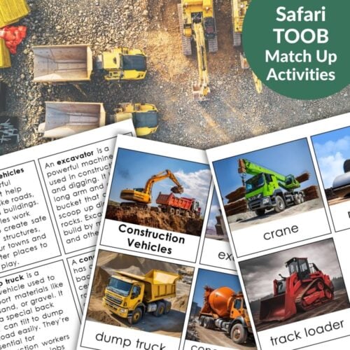 Construction Vehicles: Safari TOOB Compatible 3 Part Cards & Facts set with activity sheets is displayed on a table, backed by an overhead photo of construction vehicles at a gravel site—perfect for use with Safari TOOB figures. Montessori Nature Printables