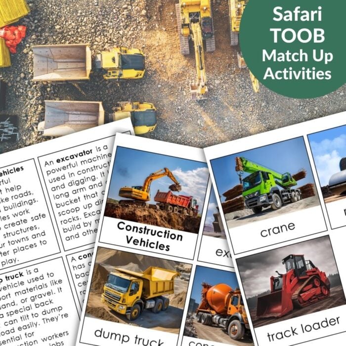 Construction Vehicles: Safari TOOB Compatible 3 Part Cards & Facts set with activity sheets is displayed on a table, backed by an overhead photo of construction vehicles at a gravel site—perfect for use with Safari TOOB figures. Montessori Nature Printables