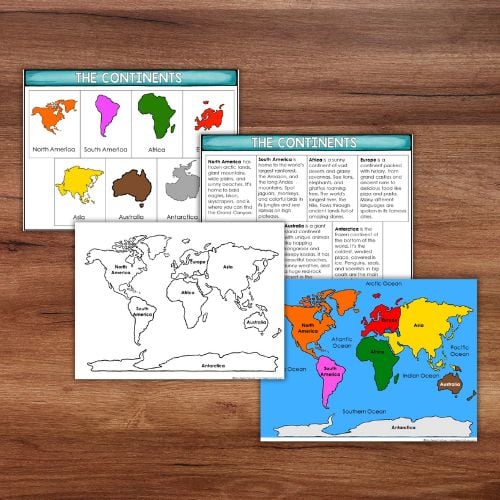 The Continents: World Map 3-Part Cards Blackline Master features labeled maps, a coloring world map, 3-part cards, and informational text about continents and oceans on four educational worksheets. Montessori Nature Printables