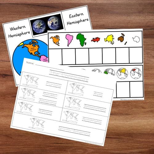 The Continents: World Map 3-Part Cards Blackline Master features three educational worksheets with maps, labels, and detailed continent outlinesโideal for learning geography. The sheets are displayed on a wooden surface. Montessori Nature Printables