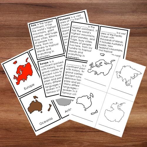 Continents: World Map 3-Part Cards Blackline Master includes printed worksheets with world map activities, outline maps, facts on Europe, Oceania, Asia, and Antarctica, as well as blackline masters and interactive 3-part cards. Montessori Nature Printables