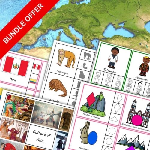 Continents Preschool Hands On Activities: Bundle includes educational resources on world cultures, geography, flags, clothing, animals, landmarks, a Europe map, and continents activities. Features a red "BUNDLE OFFER" banner. Montessori Nature Printables