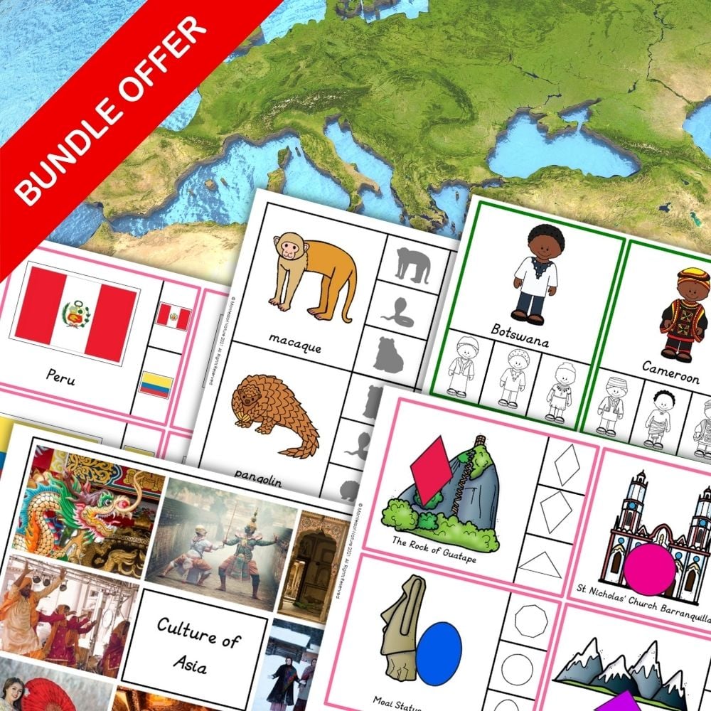 Continents Preschool Hands On Activities: Bundle includes educational resources on world cultures, geography, flags, clothing, animals, landmarks, a Europe map, and continents activities. Features a red "BUNDLE OFFER" banner. Montessori Nature Printables