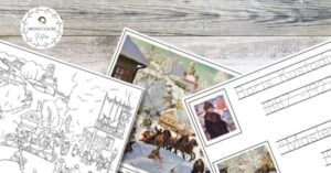 A set of coloring pages with a picture of a horse and carriage.