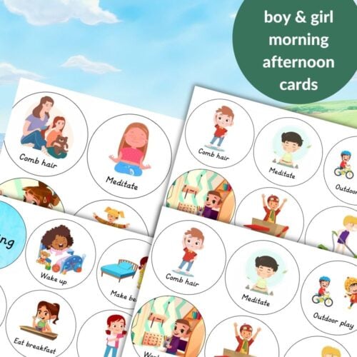 The Visual Daily Routine Activity Cards for Young Children include "Morning" and "Afternoon" cards with illustrations of boys doing activities like waking up, eating, playing, and getting ready for bed—great for teaching kids daily routines. Montessori Nature Printables