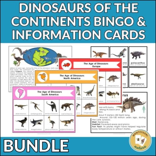 The Dinosaurs of the Continents Bundle is a set of printable bingo and info cards with labeled images and facts about dinosaurs from different continents—ideal for educational activities. Montessori Nature Printables