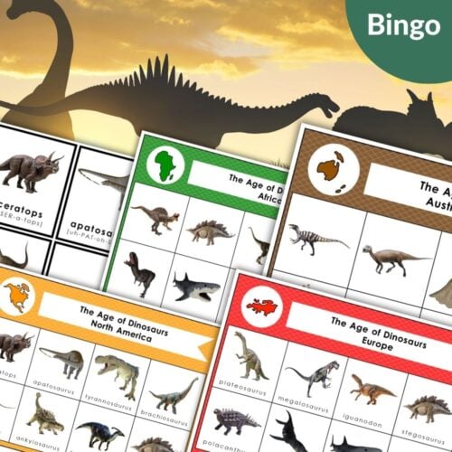 Dinosaurs & Continents: A Bingo Game is displayed, featuring cards with dinosaur illustrations and names from various continents set against a sunset background with dinosaur silhouettes. Montessori Nature Printables