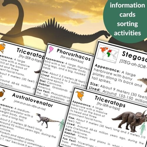 Dinosaurs: Information Cards & Sorting Activities features illustrated cards with names, pronunciations, descriptions, and images of various species on a dinosaur-themed background—ideal for engaging sorting activities. Montessori Nature Printables