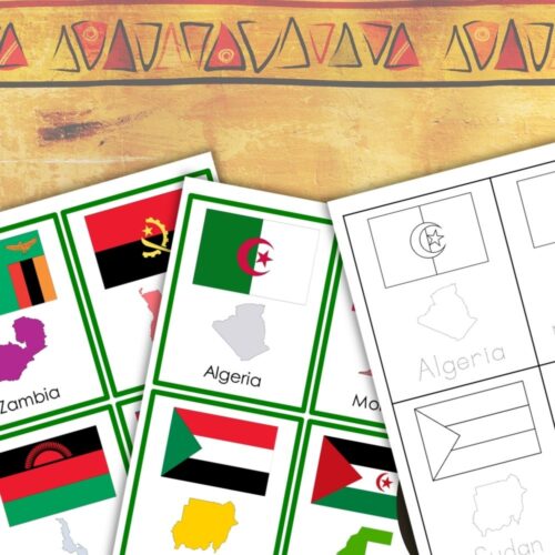 Discover educational cards showcasing flags and outlines of all 54 African countries, with both labeled and blank versions—an ideal complement to the Africa Continent Bundle. Montessori Nature Printables