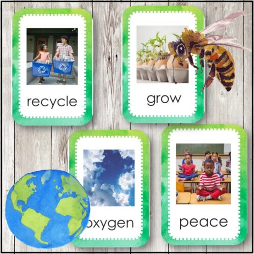 Earth Day Vocabulary Cards featuring words like recycle, grow, oxygen, and peace with cute illustrations of a bee and the Earth—an engaging way to teach key Earth Day terms to young learners. Montessori Nature Printables