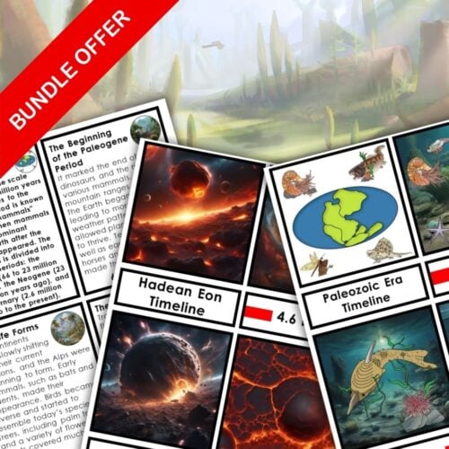 The Earth History Timeline Bundle features educational science cards on the Hadean Eon, Paleozoic Era, and early life forms with a red "Bundle Offer" banner, vivid prehistoric landscapes, and an engaging timeline of Earth's history. Montessori Nature Printables