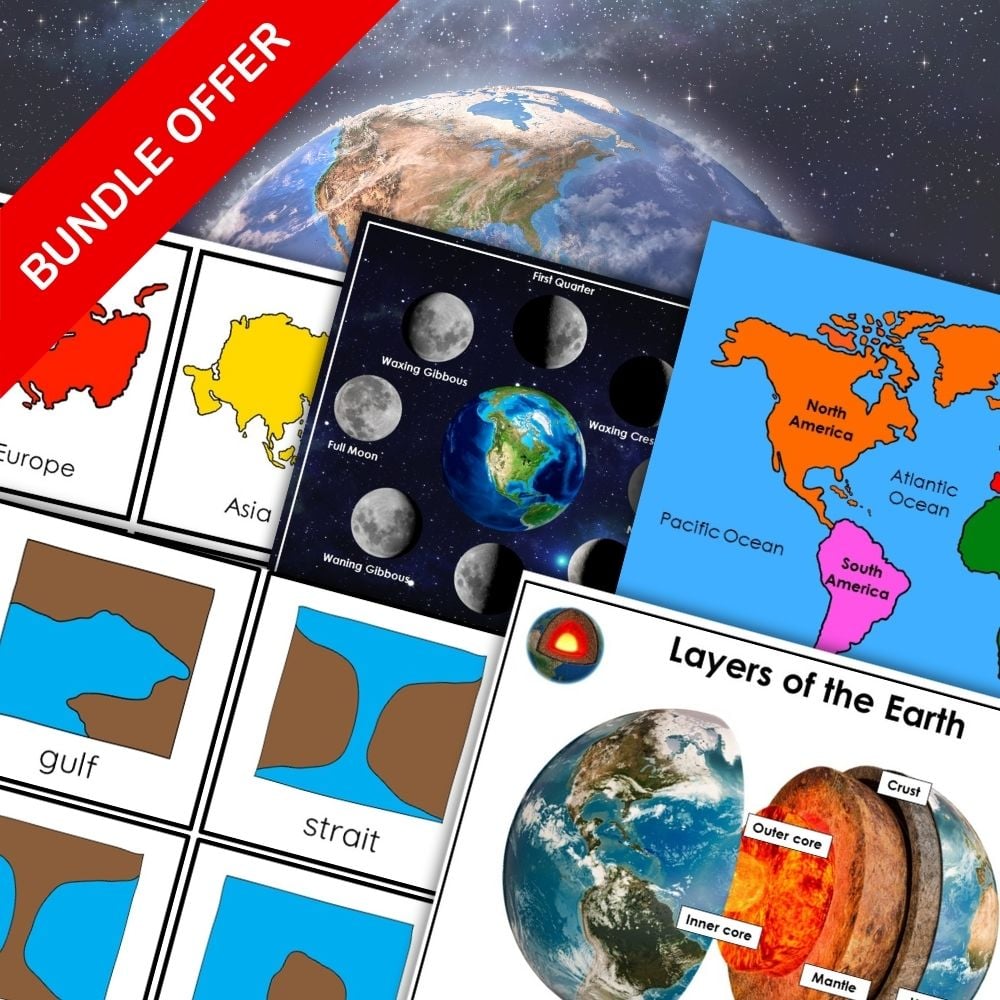 The "All About the Earth: Continents Land & Water Forms Moon's Phases Layers Bundle" includes educational materials on geography, continents, oceans, landforms, Earth's layers, and moon phases. Features a Bundle Offer banner and an inspiring Earth from space image. Montessori Nature Printables