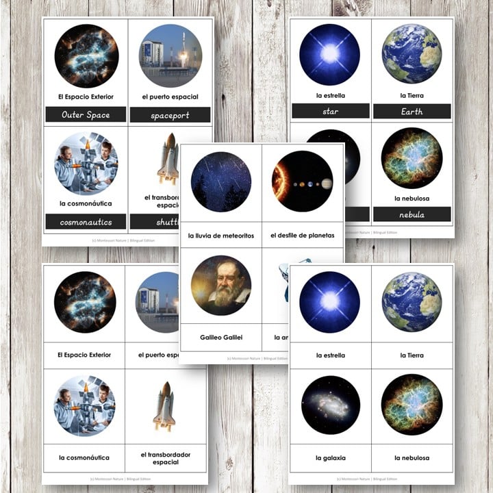 El Espacio Exterior Outer Space Spanish Bilingual 3 Part Cards feature space vocabulary and images—Earth, galaxy, astronaut, and more—ideal for building language skills with engaging visuals. Montessori Nature Printables