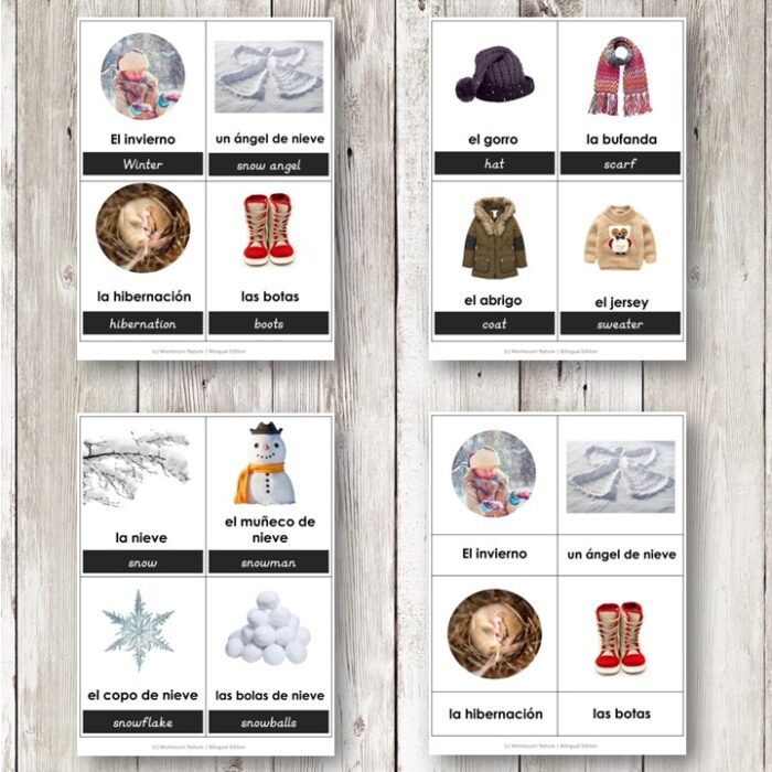 El invierno - Winter Vocabulary 3 Part Cards Bilingual Spanish includes winter-themed cards with images of clothing and objects, each labeled in both English and Spanish for effective bilingual learning. Montessori Nature Printables