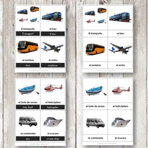 El transporte - Transport Vocabulary 3 Part Cards offers bilingual Spanish-English flashcards featuring transport images and vehicle names in both languages—ideal for building Spanish transport vocabulary. Montessori Nature Printables