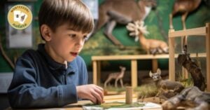 A young boy is playing with stuffed animals in a museum.