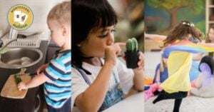 A collage of pictures of children playing in the kitchen.
