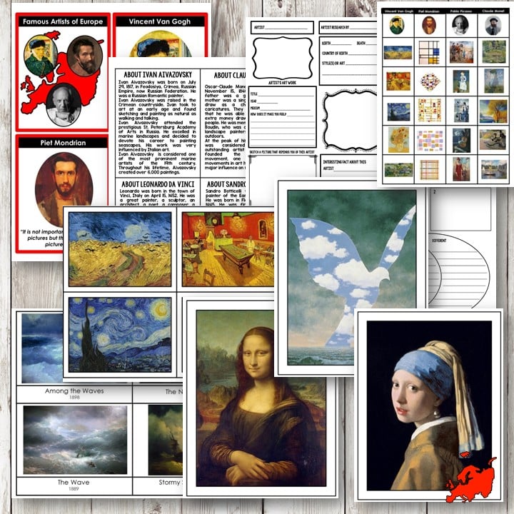 Europe's Greatest Artists Art Pack includes portraits, paintings, info cards, and worksheets on masters like Van Gogh, Da Vinci, and Vermeer—a perfect resource for learning about Europe's most iconic artists. Montessori Nature Printables