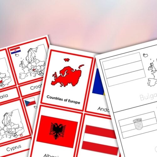 The Europe Continent Bundle offers educational 3-part cards showcasing flags, maps, and coloring pages of twelve European countries, all displayed in a grid format. Montessori Nature Printables