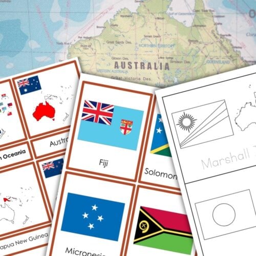 Flags of Oceania Countries 3 Part Cards Blackline Masters offers worksheets with 3 part cards for 14 countries, showing maps plus colored and outline flags, each clearly labeled. Montessori Nature Printables