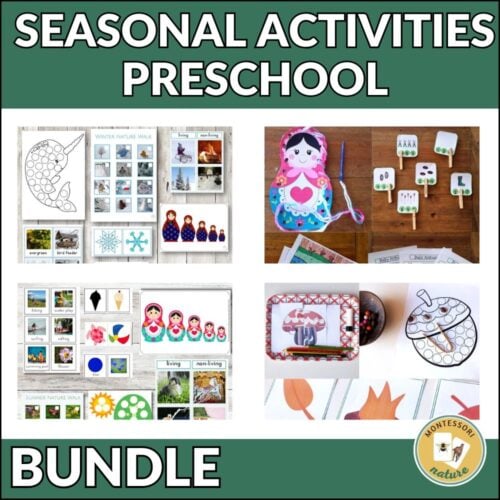 Collage of preschool seasonal activity materials—matching cards, nature walks, nesting doll crafts, and hands-on counting. Features "Seasonal Activities Year Round Kindergarten Bundle" text—ideal for year-round or kindergarten use. Montessori Nature Printables