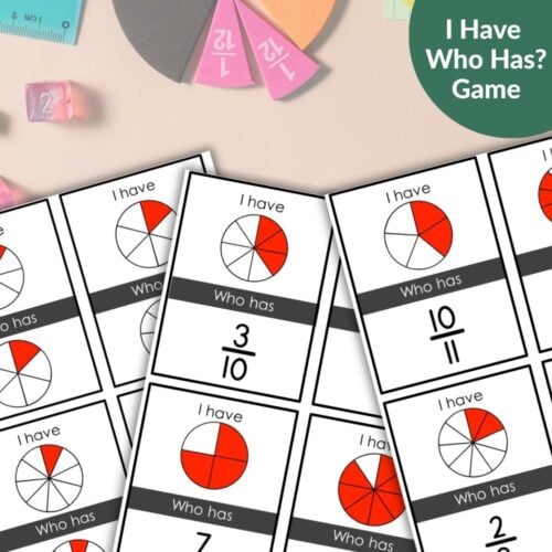 Fractions I Have Who Has Math Game cards with fractions and pie charts are spread out on a table, along with fraction manipulatives and dice. Montessori Nature Printables