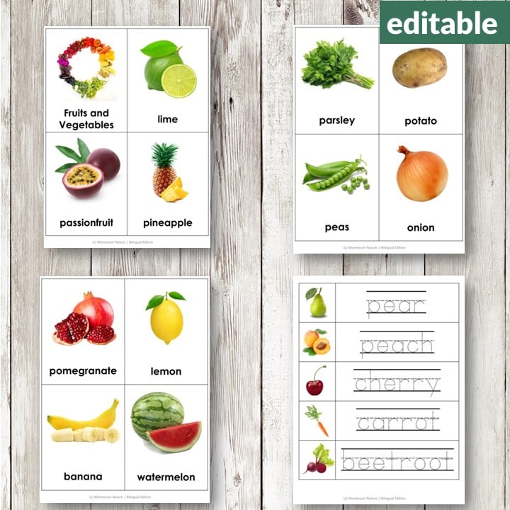 Fruits Vegetables Vocabulary 3 Part Cards: Printable, editable cards with images and names of fruits and vegetables, plus handwriting practice sheets to support vocabulary building. Montessori Nature Printables