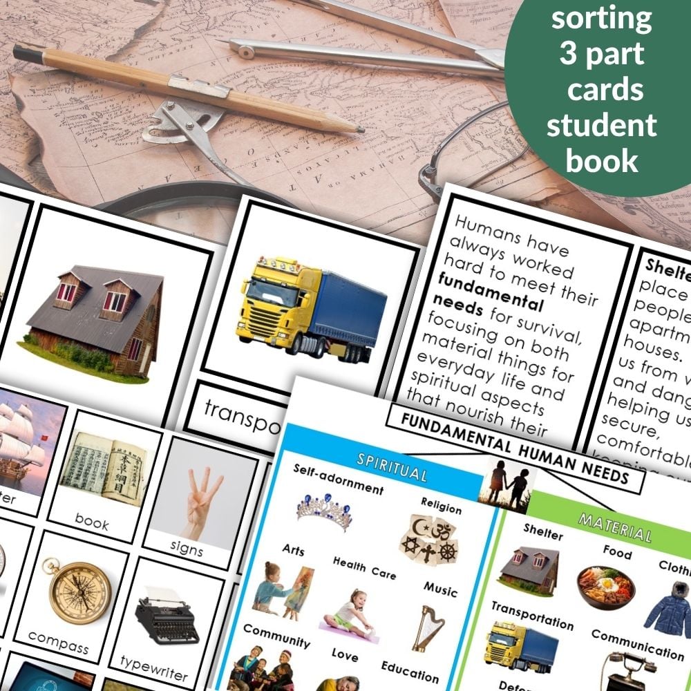 The Fundamental Needs of Humans set includes sorting cards and reference sheets with images and text about basic human needs, all displayed on a map background. Montessori Nature Printables