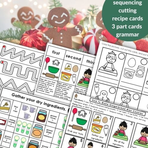 How to Make Gingerbread Man Cookies: Practical Life Christmas Activities Grammar—educational worksheets with sequencing, cutting, recipe cards, grammar tasks & illustrations—ideal for practical life and Christmas activities. Montessori Nature Printables