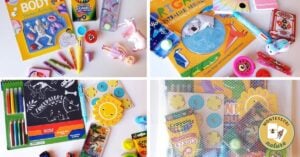 A collage of various items including crayons, pencils, and pens.