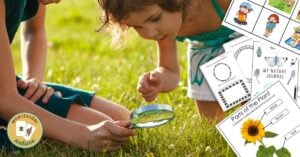 Girl looking through a magnifying glass in summer dress