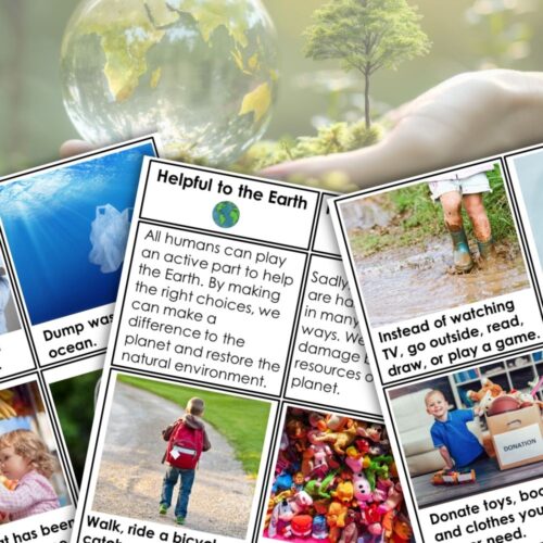 The Earth Day Environmental Awareness Helpful Vs Harmful to the Earth Sort includes cards with tips and images for teaching how actions like recycling or donating toys can help the planet, perfect for promoting environmental awareness on Earth Day. Montessori Nature Printables