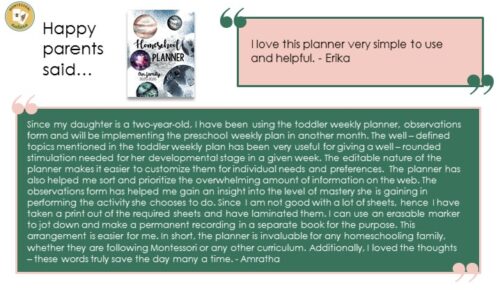 A testimonial graphic featuring parent feedback about the Editable Homeschool Planner With Yearly Updates, emphasizing its user-friendly design and practical benefits for organizing your child’s learning, plus yearly updates to ensure up-to-date planning. Montessori Nature Printables