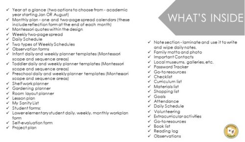 The Editable Homeschool Planner With Yearly Updates features schedules, checklists, versatile planning pages, and homeschool resources, all listed next to a "What's Inside" label on a white and yellow background. Montessori Nature Printables