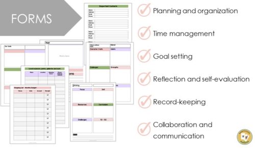 Collage of printable forms and benefits—planning, time management, goal setting, reflection, record-keeping, collaboration—ideal for the Editable Homeschool Planner With Yearly Updates. Montessori Nature Printables