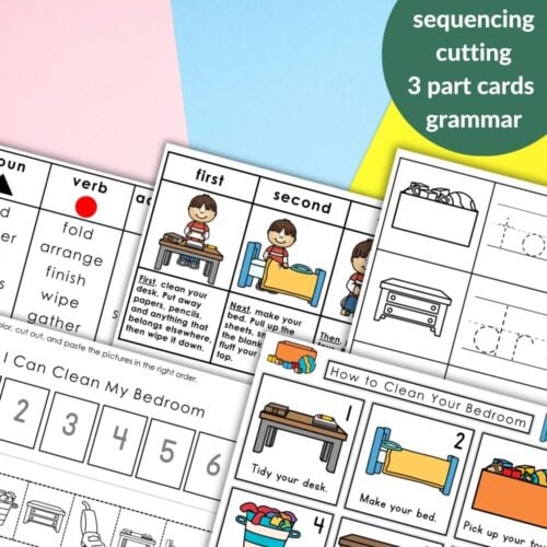 Printable worksheets for kids on a pastel background featuring "How to Clean Your Bedroom: Daily Chores Sequencing Activity Grammar" with illustrated grammar activities and engaging cut-and-paste sequencing tasks. Montessori Nature Printables