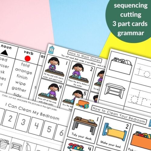 Printable worksheets for kids on a pastel background featuring "How to Clean Your Bedroom: Daily Chores Sequencing Activity Grammar" with illustrated grammar activities and engaging cut-and-paste sequencing tasks. Montessori Nature Printables