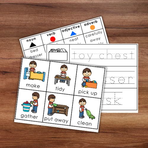 Two worksheet pages from "How to Clean Your Bedroom: Daily Chores Sequencing Activity Grammar" on a wooden surface—one with parts of speech columns, the other with sequencing and handwriting for cleaning words, ideal for teaching daily chores. Montessori Nature Printables