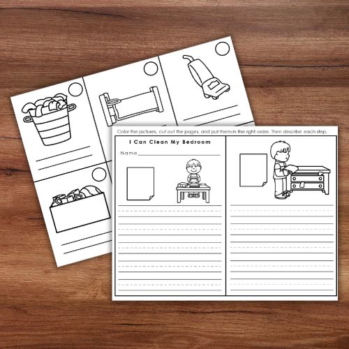 Worksheets from "How to Clean Your Bedroom: Daily Chores Sequencing Activity Grammar" display prompts and illustrations to guide children through each step of cleaning their bedroom as a daily chore. Montessori Nature Printables