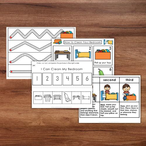 The "How to Clean Your Bedroom: Daily Chores Sequencing Activity Grammar" set includes three kids' worksheets with sequencing, tracing lines, and labeling tasks about cleaning a bedroom, displayed on a wooden surface. Montessori Nature Printables
