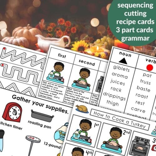 Enjoy Thanksgiving with "How to Cook a Turkey: Practical Life Thanksgiving Activities Grammar," featuring themed worksheets, word lists, sequencing cards, a maze, and illustrated instructions—all on a festive holiday table backdrop. Montessori Nature Printables