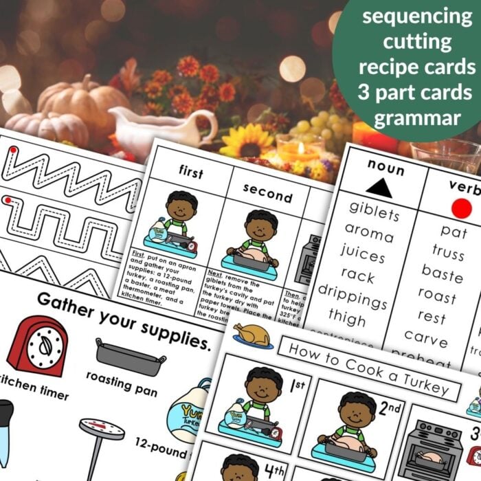 Enjoy Thanksgiving with "How to Cook a Turkey: Practical Life Thanksgiving Activities Grammar," featuring themed worksheets, word lists, sequencing cards, a maze, and illustrated instructionsโall on a festive holiday table backdrop. Montessori Nature Printables
