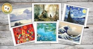 A set of five cards with paintings on them.