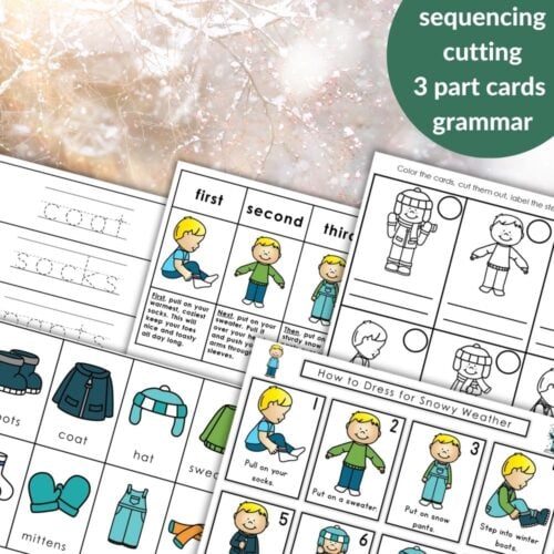 How to Dress for Snowy Weather: Practical Life Winter Activities Grammar offers printable worksheets with winter clothing vocabulary, sequencing activities, noun/verb cards, and handwriting practice—ideal for snowy days and practical learning. Montessori Nature Printables
