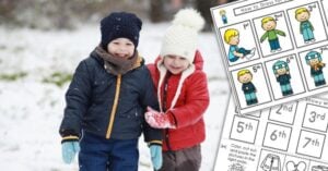 Two children wearing winter coats, hats, and gloves stand in the snow. Next to them are illustrated sequencing activities and printables on how to dress for snowy weather. Montessori Nature Printables