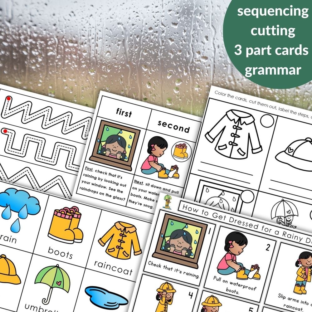 How to Get Dressed for a Rainy Day: Practical Life Sequencing Activities offers engaging worksheets for kids, featuring sequencing, grammar cards, games, and cutting exercises—all with a rainy day theme. Montessori Nature Printables