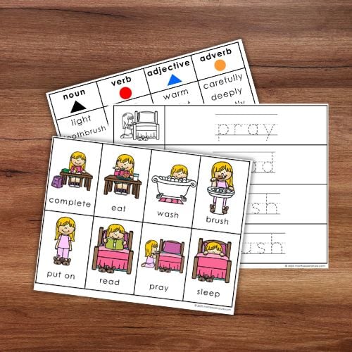 The "How to Get Ready for Bed Daily Routine" includes two worksheets: one for identifying parts of speech, and another with illustrated action words and handwriting practice—ideal for reinforcing daily or bedtime routines. Montessori Nature Printables
