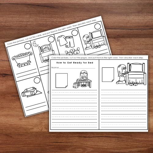 The "How to Get Ready for Bed Daily Routine" worksheets feature bedtime routine illustrations, blank writing spaces, and cut-and-paste activities to help kids sequence steps and get ready for bed. Montessori Nature Printables