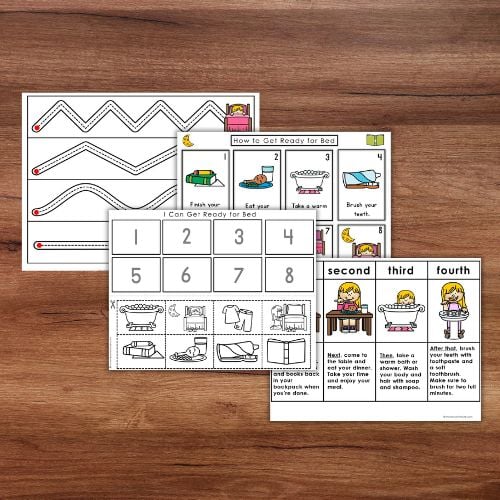 The "How to Get Ready for Bed Daily Routine" includes three printable worksheets with tracing, sequencing, and matching bedtime steps to images and numbers, shown on a wooden surface. Montessori Nature Printables