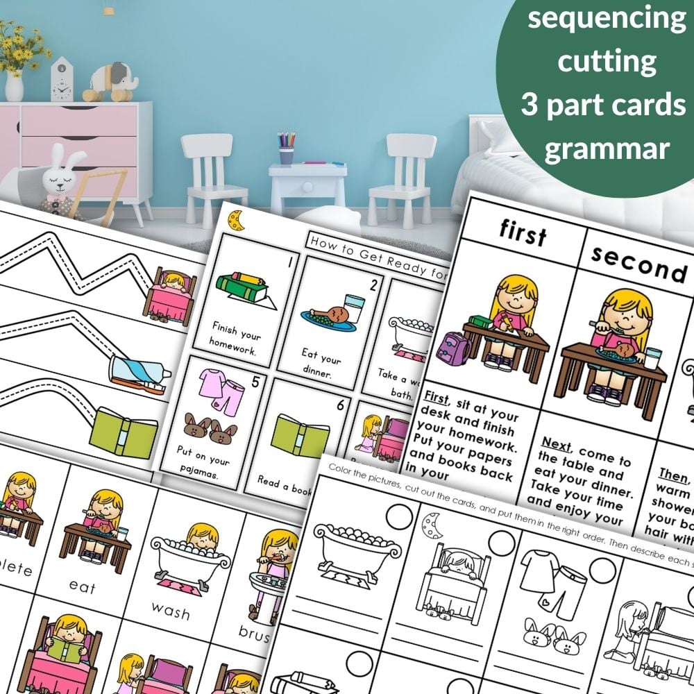 The "How to Get Ready for Bed Daily Routine" features three printable activity sheets for kids on sequencing, cutting, and grammar—ideal for teaching bedtime routines in a fun, colorful playroom setting. Montessori Nature Printables